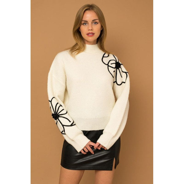 Women's Sweaters - Flower Embroidery Mock Neck Sweater -  - Cultured Cloths Apparel
