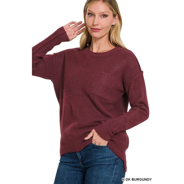 Women's Sweaters - MELANGE HI-LOW HEM ROUND NECK SWEATER - H DK BURGUNDY - Cultured Cloths Apparel