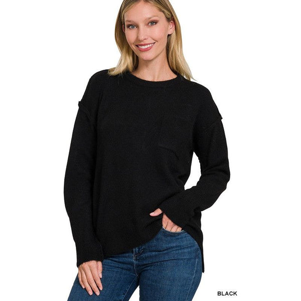 Women's Sweaters - MELANGE HI-LOW HEM ROUND NECK SWEATER - BLACK - Cultured Cloths Apparel