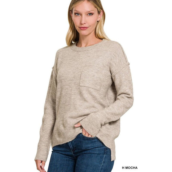 Women's Sweaters - MELANGE HI-LOW HEM ROUND NECK SWEATER - H MOCHA - Cultured Cloths Apparel