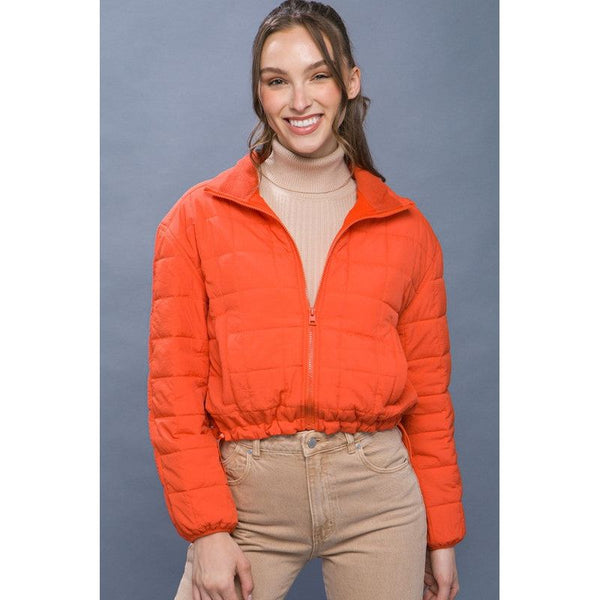 Outerwear - Crop Puffer Jacket with Waist Pull String - Tomato - Cultured Cloths Apparel