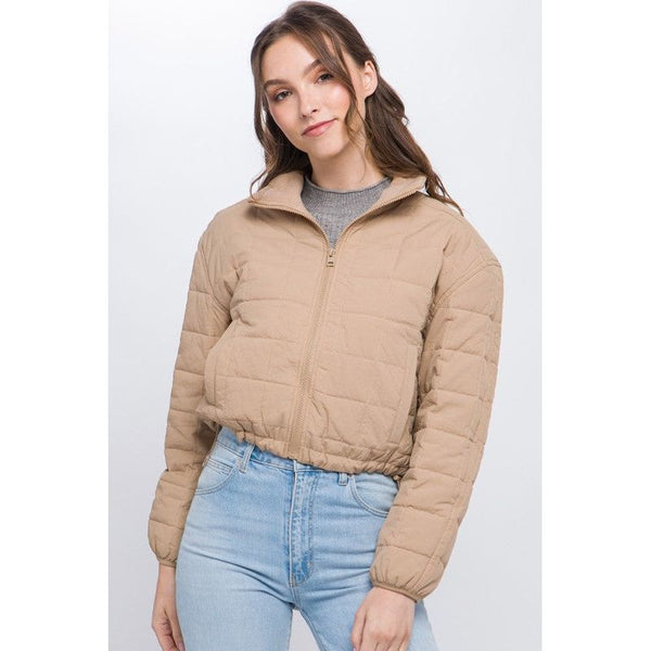 Outerwear - Crop Puffer Jacket with Waist Pull String - Khaki - Cultured Cloths Apparel