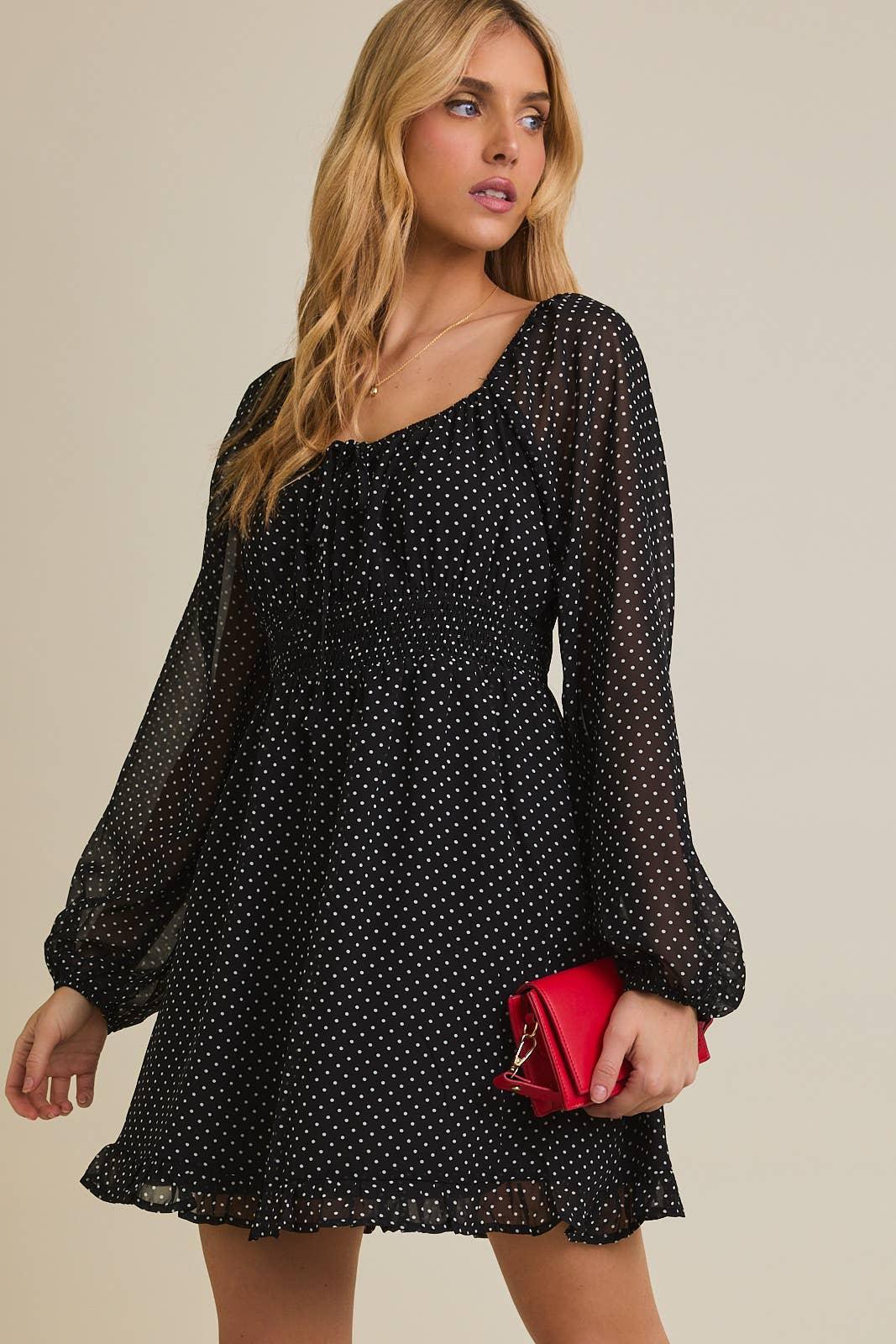 smocked long sleeve mini dress PUFF LONG SLEEVE SMOCKED MINI DRESS Black-white Dot / Medium