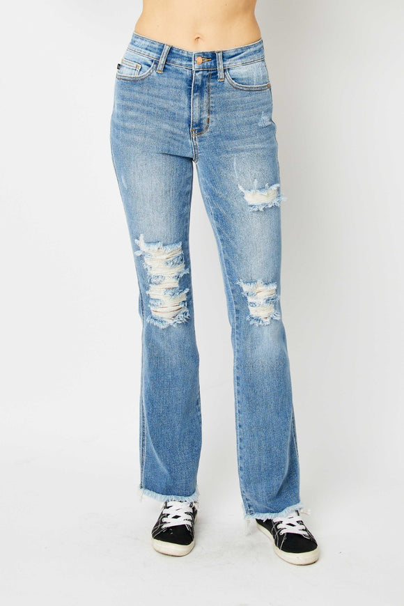 Denim - Judy Blue Full Size Distressed Raw Hem Bootcut Jeans - Medium - Cultured Cloths Apparel