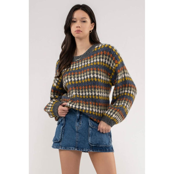 Women's Sweaters - Multicolor Crew Knit Sweater Top - Charcoal - Cultured Cloths Apparel