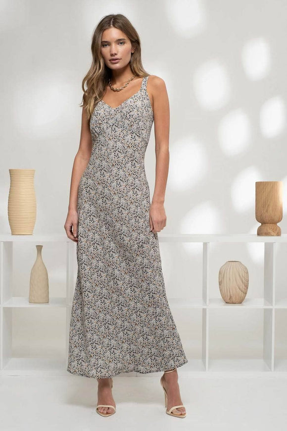 Women's Dresses - FLORAL PRINT V NECK A LINE SLEEVELESS MIDI DRESS -  - Cultured Cloths Apparel