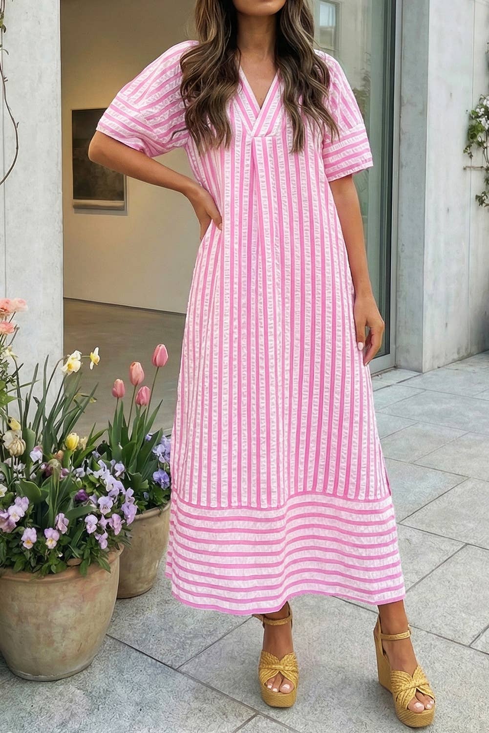 66 Stripe V Neck Short Sleeve Shift Long Dress (S-XL)
