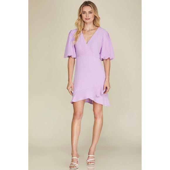 Women's Dresses - Puff Half-Sleeve Surplice Ruffled Hem Dress - Lavender - Cultured Cloths Apparel