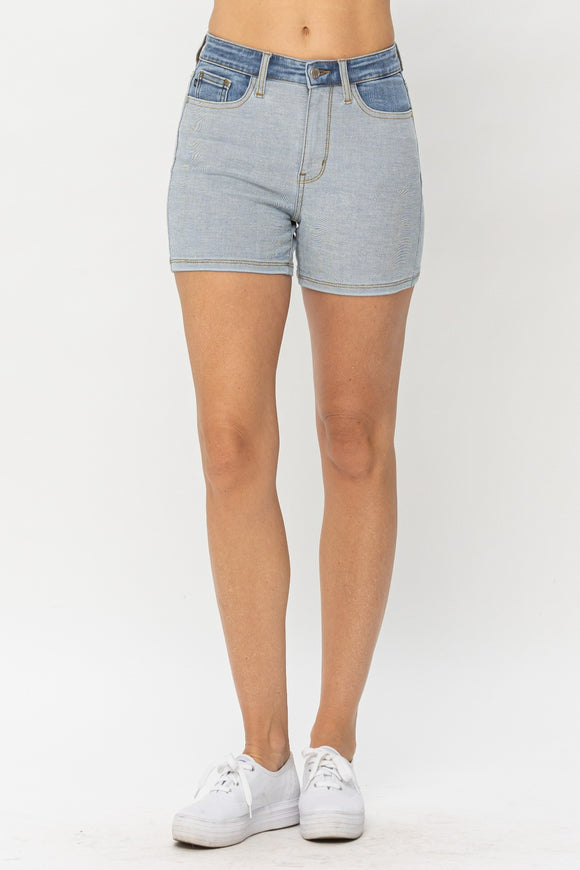 Women's Shorts - Judy Blue Full Size Color Block Denim Shorts - LT/MD - Cultured Cloths Apparel