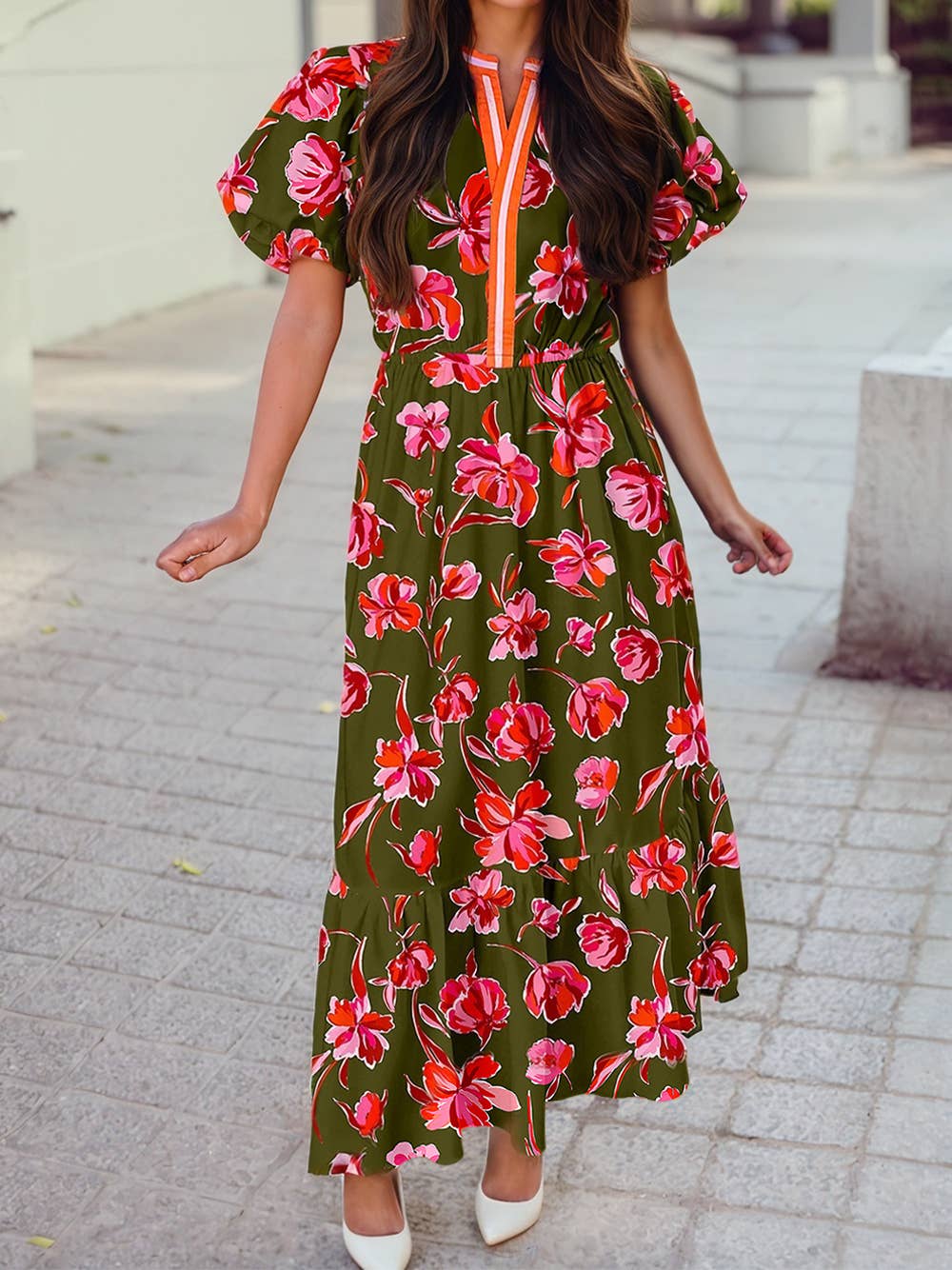 Floral Split Neck Short Puff Sleeve Ruffle Maxi Dress Floral Split Neck Short Puff Sleeve Ruffle Maxi Dress