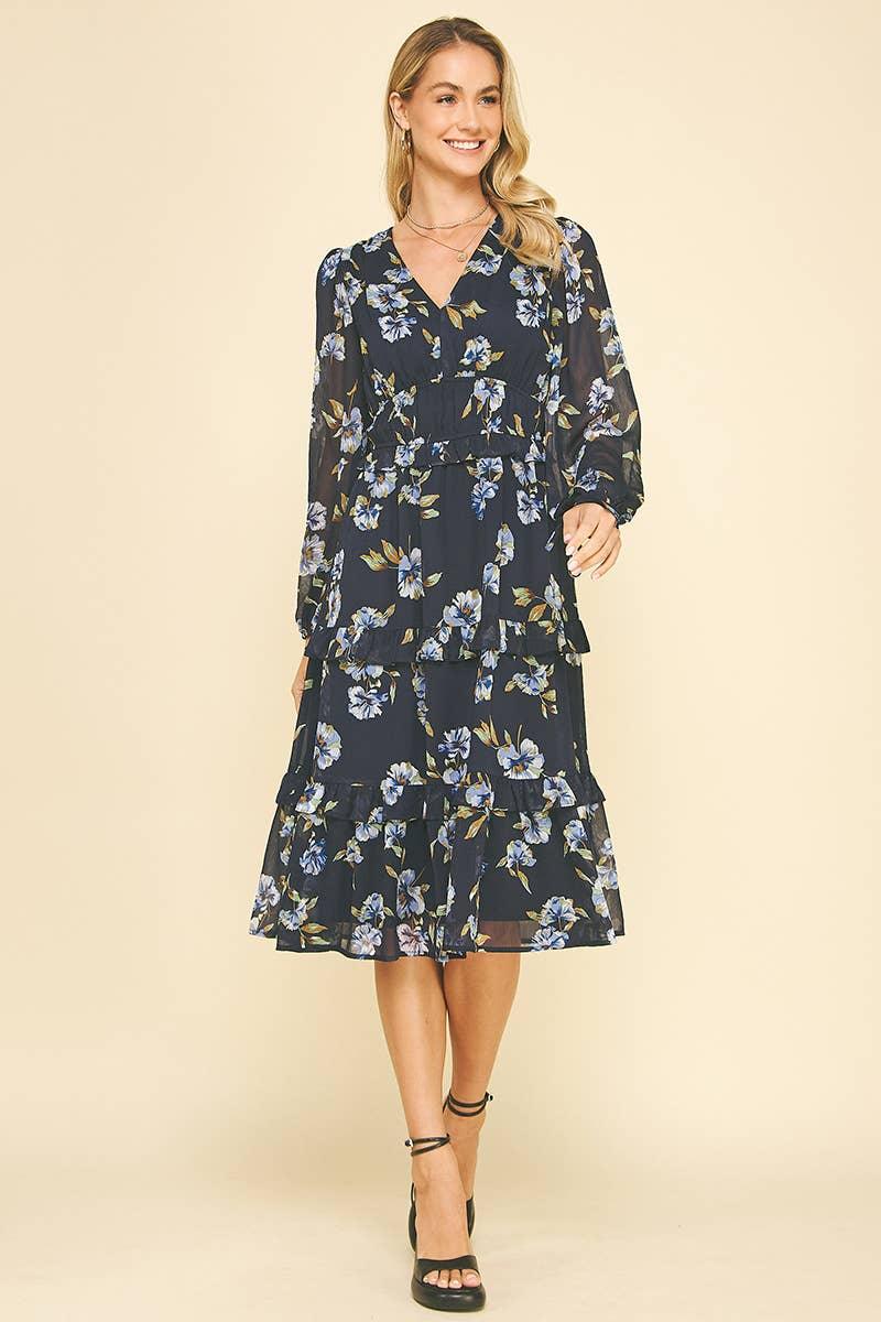 women's chiffon midi dress FLORAL TIERED NAVY MULTI / SMALL Thoughtfully designed with side Funny Neckties Size:8.5 US Evelyn Off-The-Shoulder Formal Dress