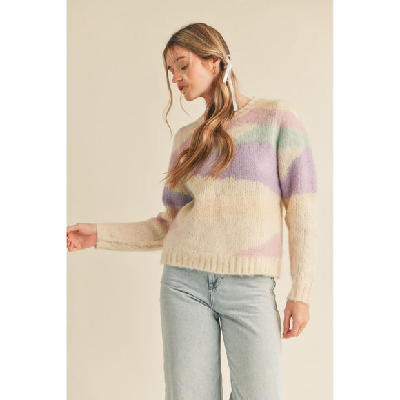 Women's Sweaters - Abstract Multi Colored Knit Sweater - Ivory/Lavender - Cultured Cloths Apparel