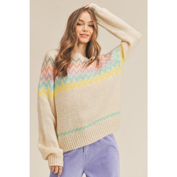 Women's Sweaters - Colorful Zigzag Striped Knit Sweater - Ivory - Cultured Cloths Apparel