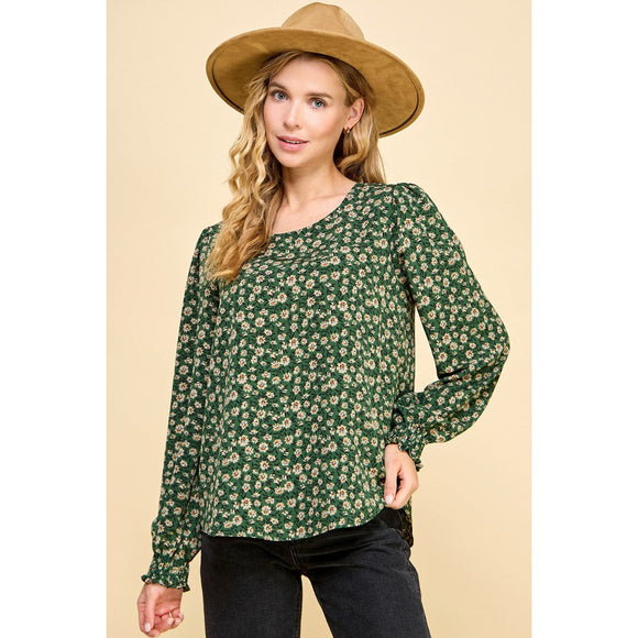 Women's Long Sleeve - Fall Floral Printed Long Sleeve Blouse Top - Forest Green - Cultured Cloths Apparel