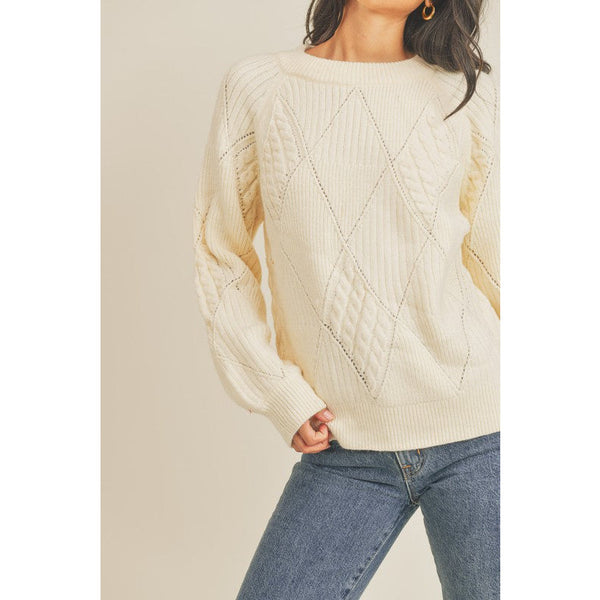 Women's Sweaters - Diamond Pattern Mixed Knit Sweater - Ivory - Cultured Cloths Apparel