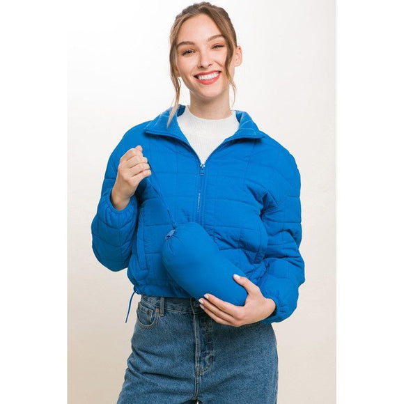 Outerwear - Crop Puffer Jacket with Waist Pull String - Blue - Cultured Cloths Apparel