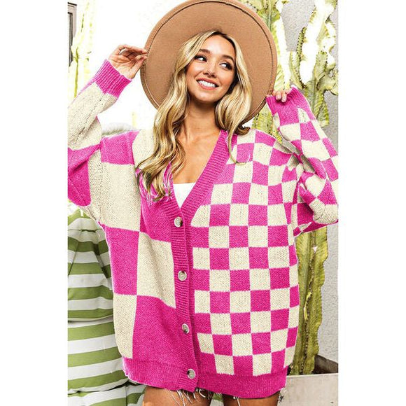Outerwear - BiBi Button Up Checkered Contrast Cardigan - NEON PINK COMBO - Cultured Cloths Apparel