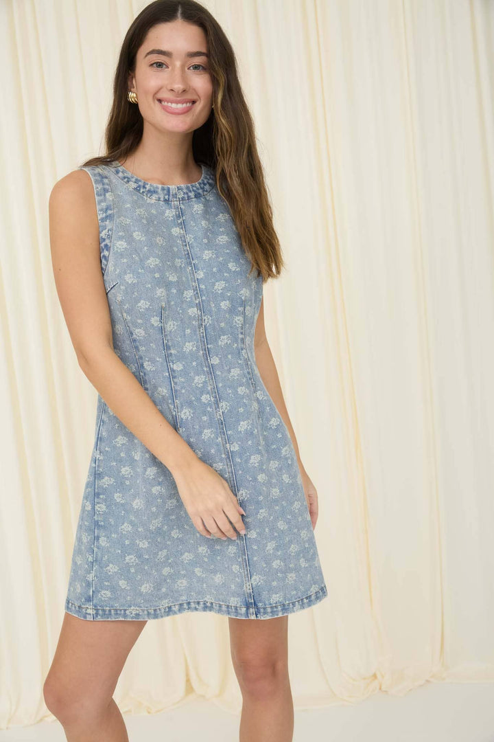 FLORAL WASHED DENIM PATTERN SLEEVELESS MINI DRESS
