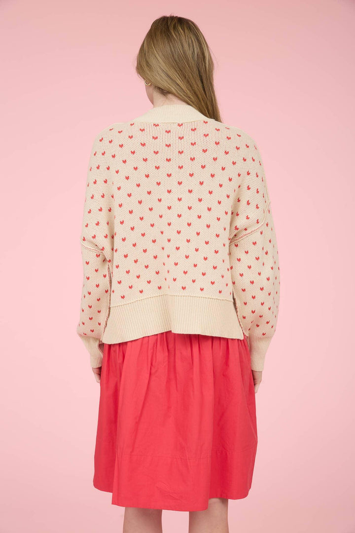 HEART PATTERN DROP SHOULDER KNIT PULLOVER SWEATER