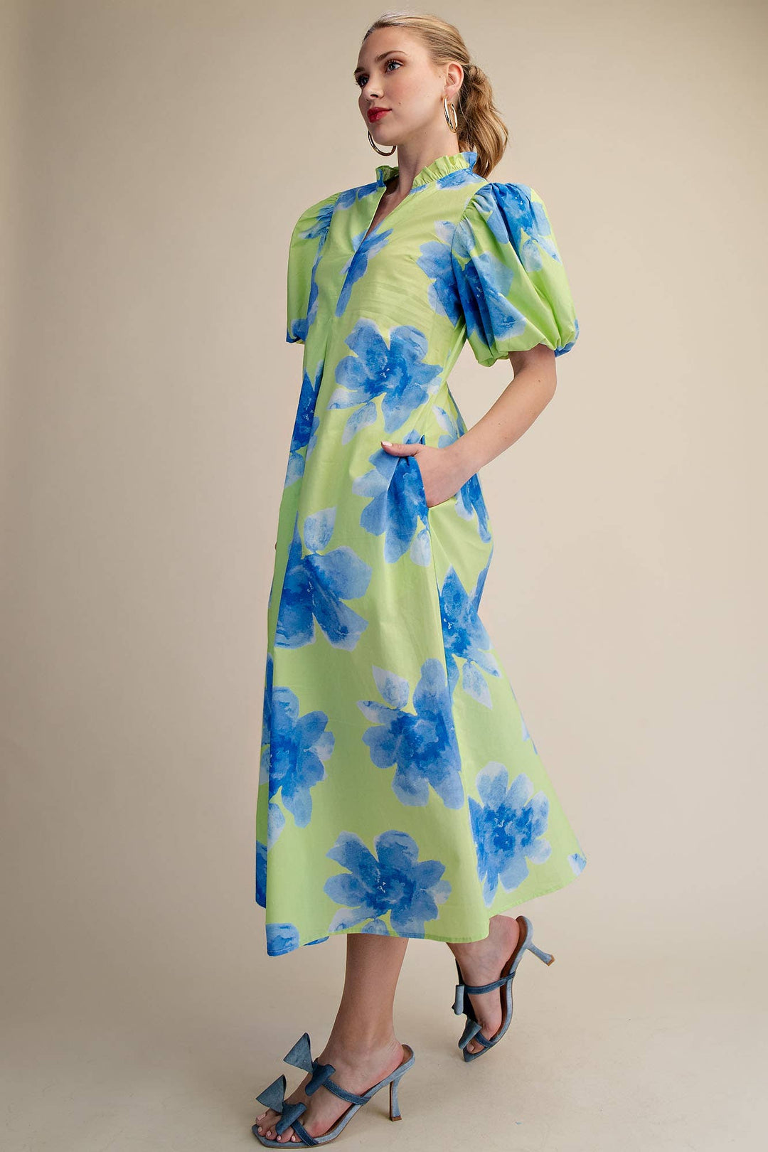 Lime Ruffle V-Neck Puff Sleeve Waist Pleated Midi Dress