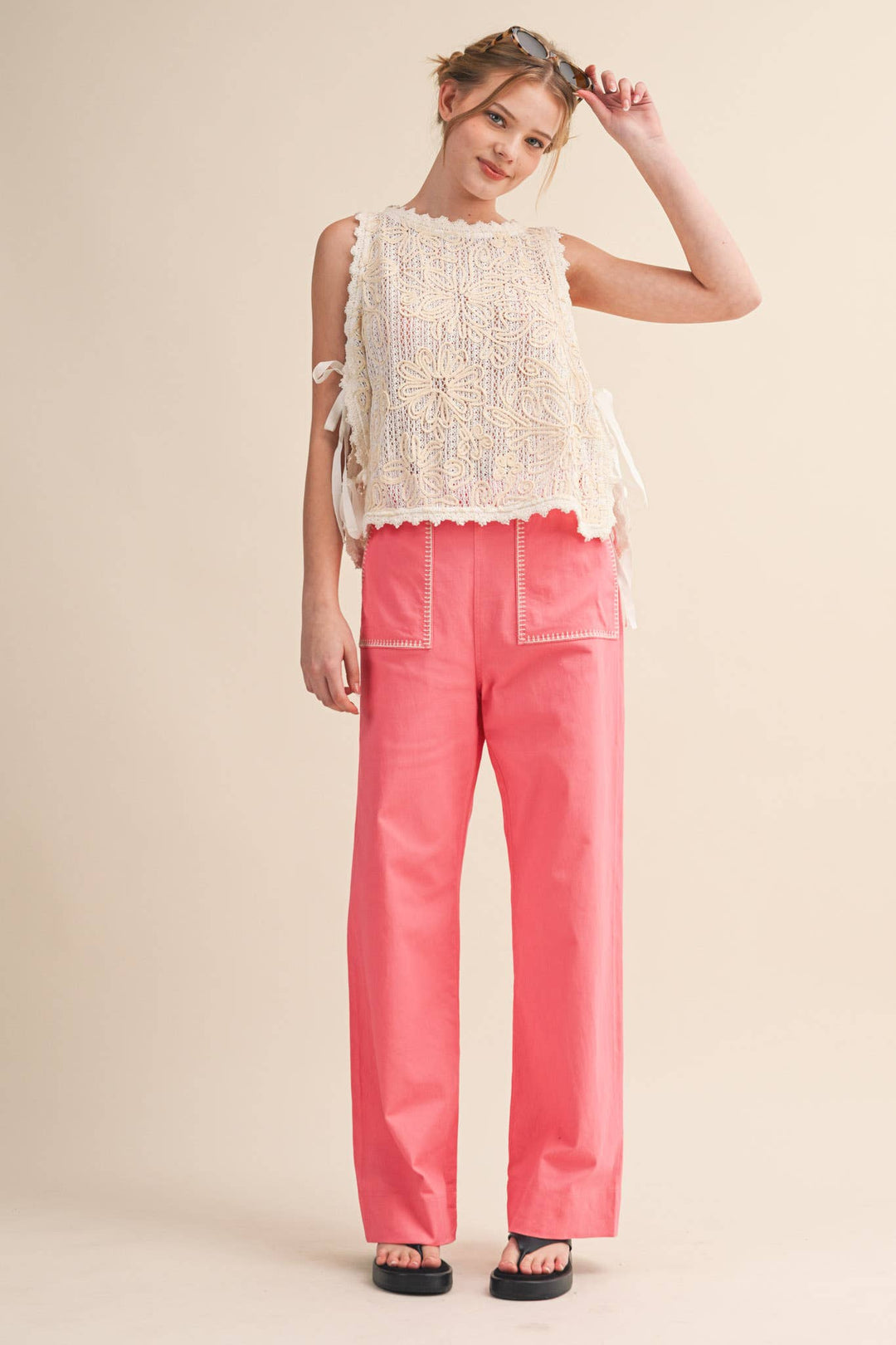 - FLORAL CROCHET TANK WITH SIDE TYING DETAIL MTP4770 - - Cultured Cloths Apparel