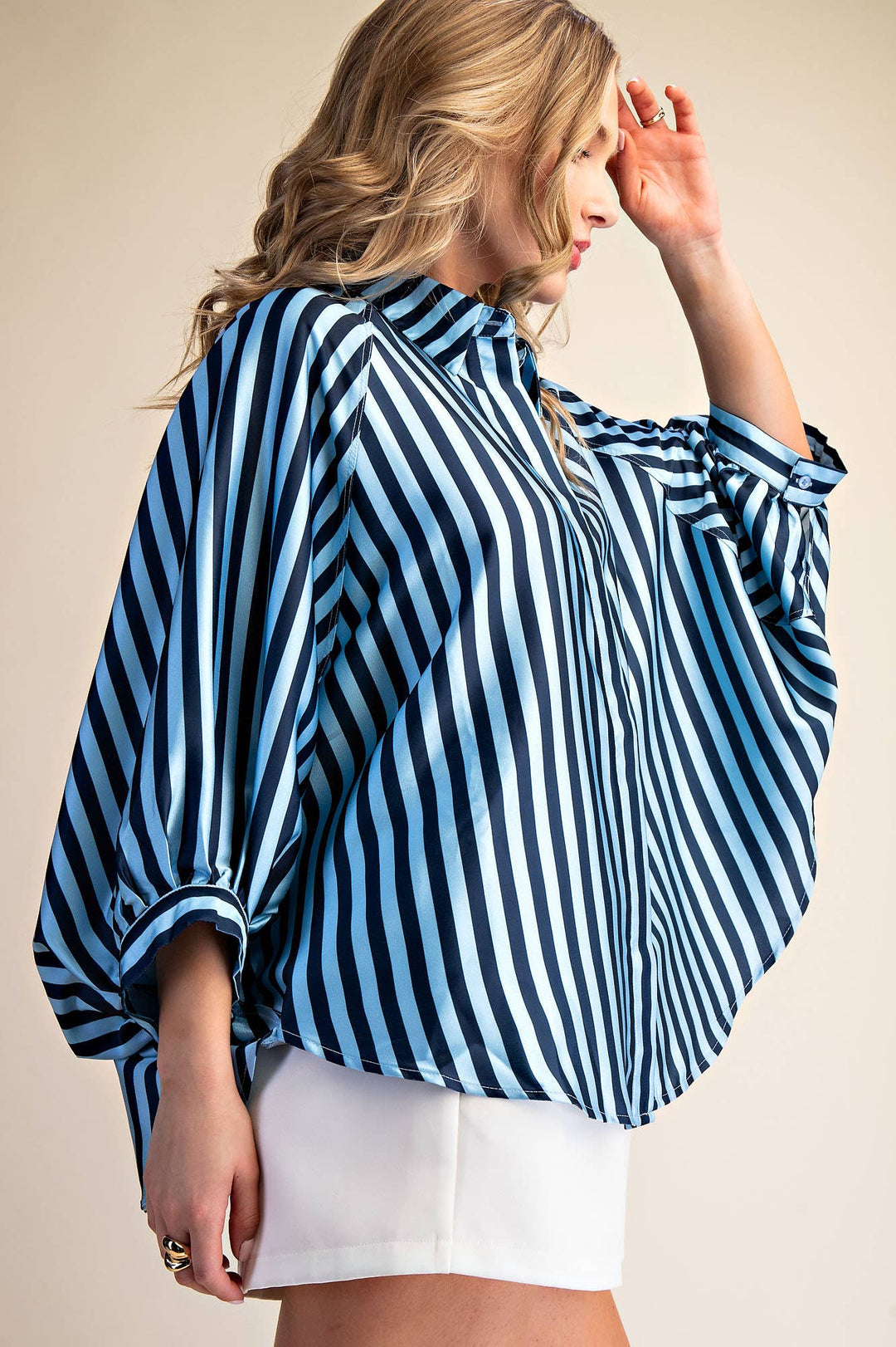Women's 3/4 Sleeve - Balloon Dolman Sleeve Button Front Oversized Shirt - - Cultured Cloths Apparel