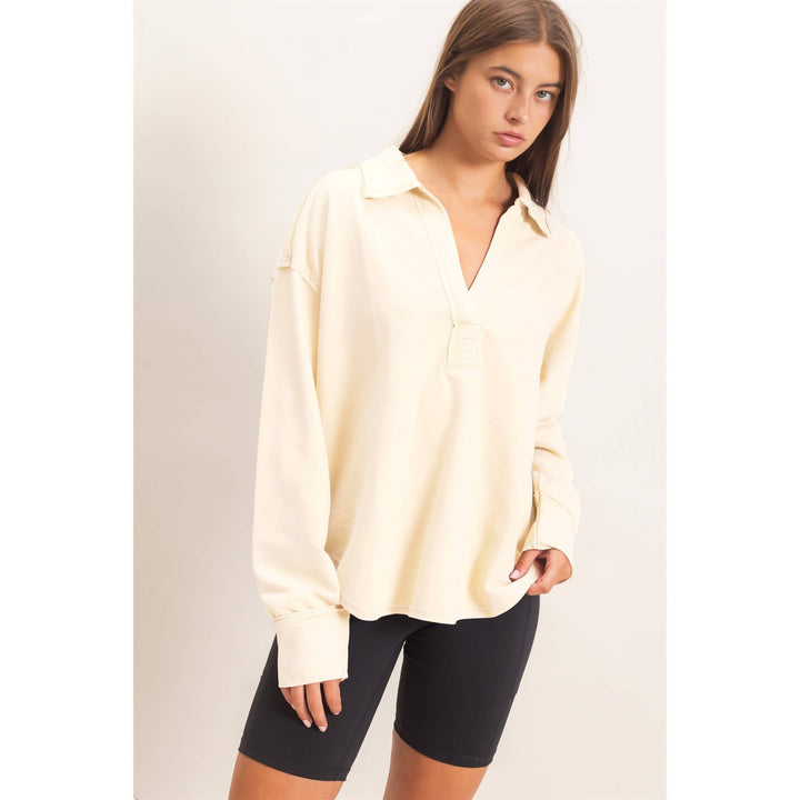Mineral Washed Polo Collar Long Sleeve Top
