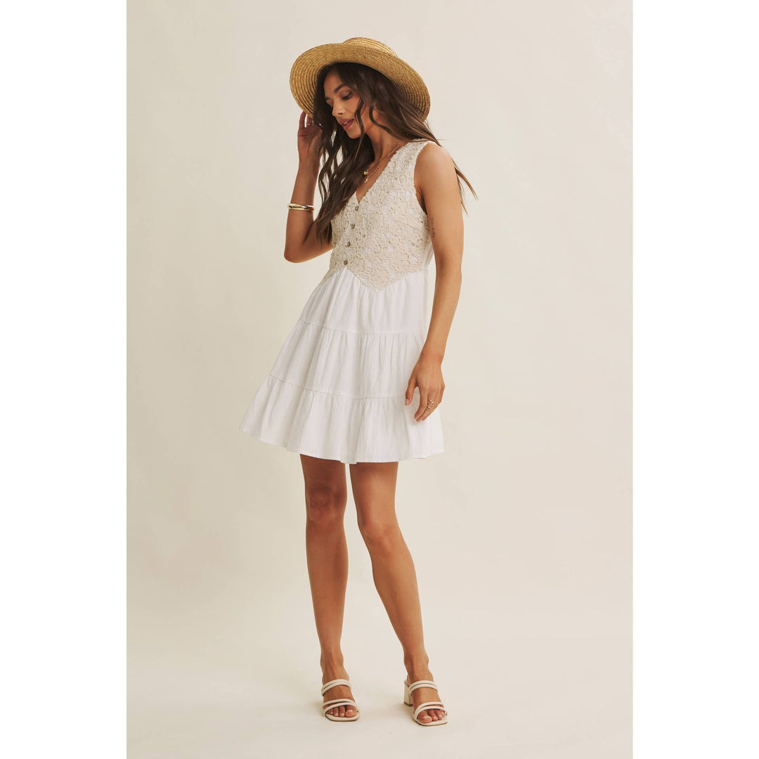 Dresses - FRENCH PICNIC MIXED MEDIA COTTON CROCHET MINI DRESS - - Cultured Cloths Apparel