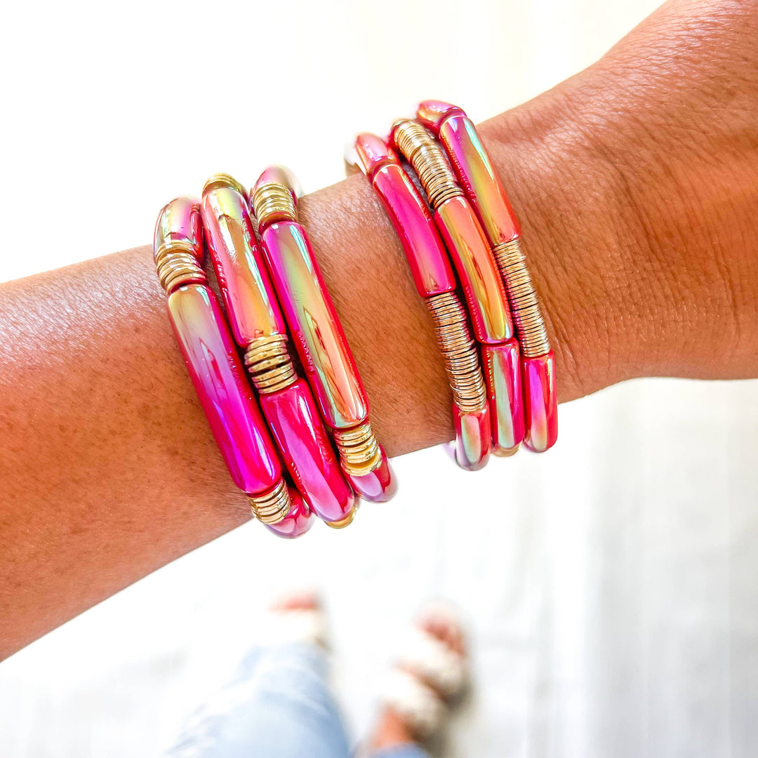 Accessories, Bracelets - Metallic # 6 Pink Red Yellow Acrylic Tube Bamboo Bracelet - - Cultured Cloths Apparel