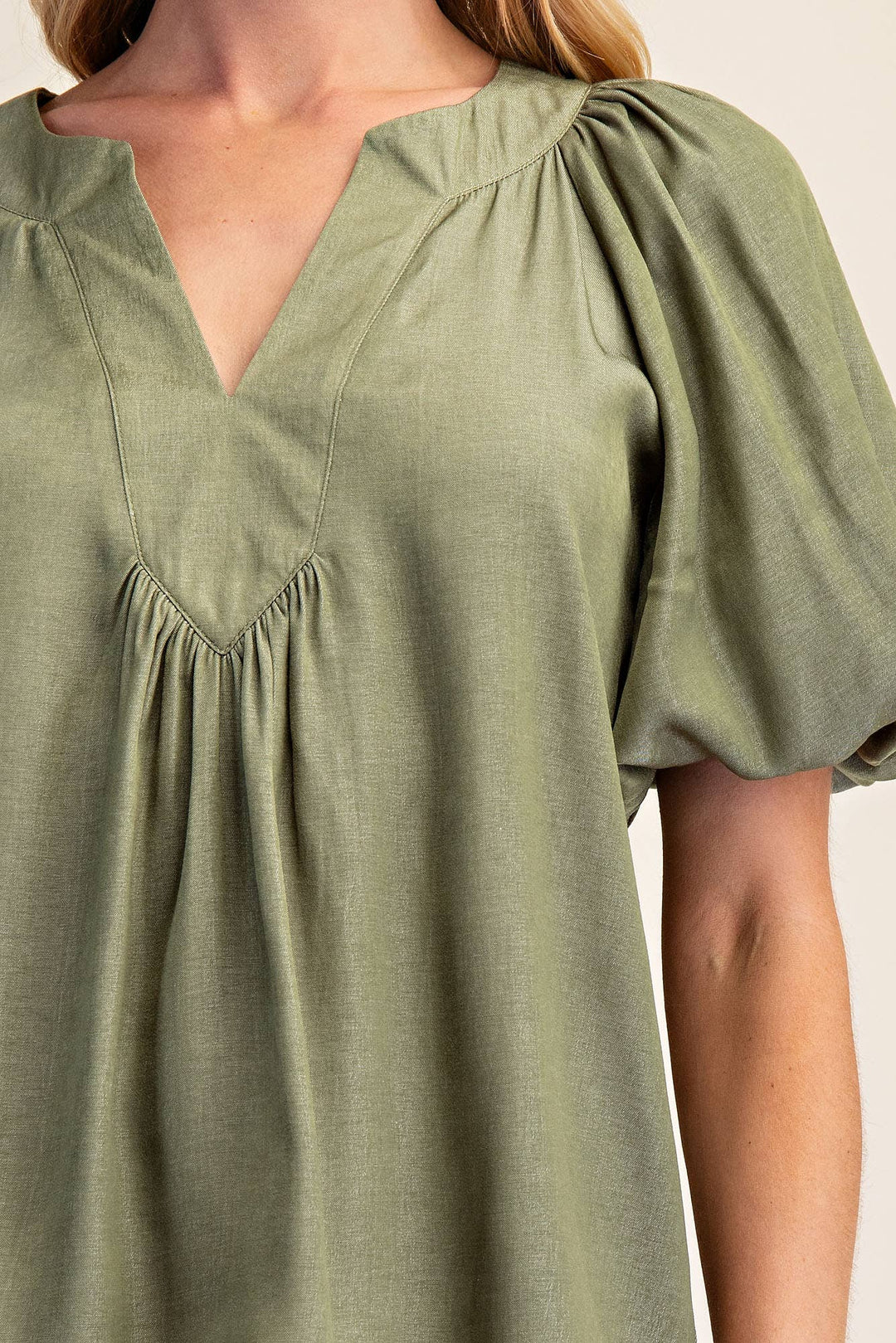 - V-Neck Placket Balloon Sleeve Top - - Cultured Cloths Apparel