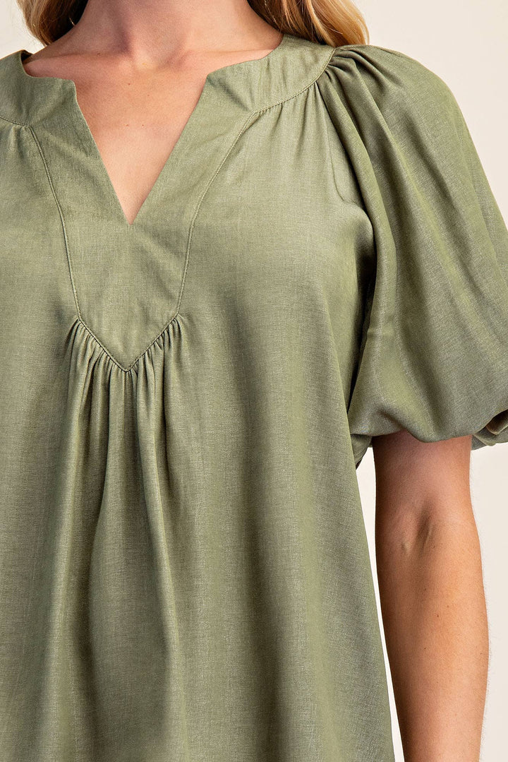 - V-Neck Placket Balloon Sleeve Top - - Cultured Cloths Apparel