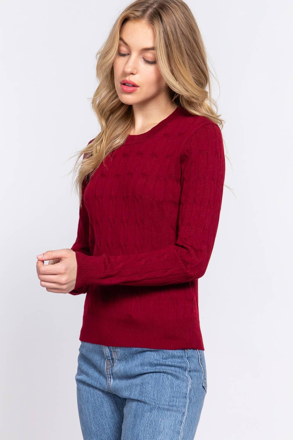 Women's Sweaters - Long Sleeve Round Neck Cable Sweater - - Cultured Cloths Apparel