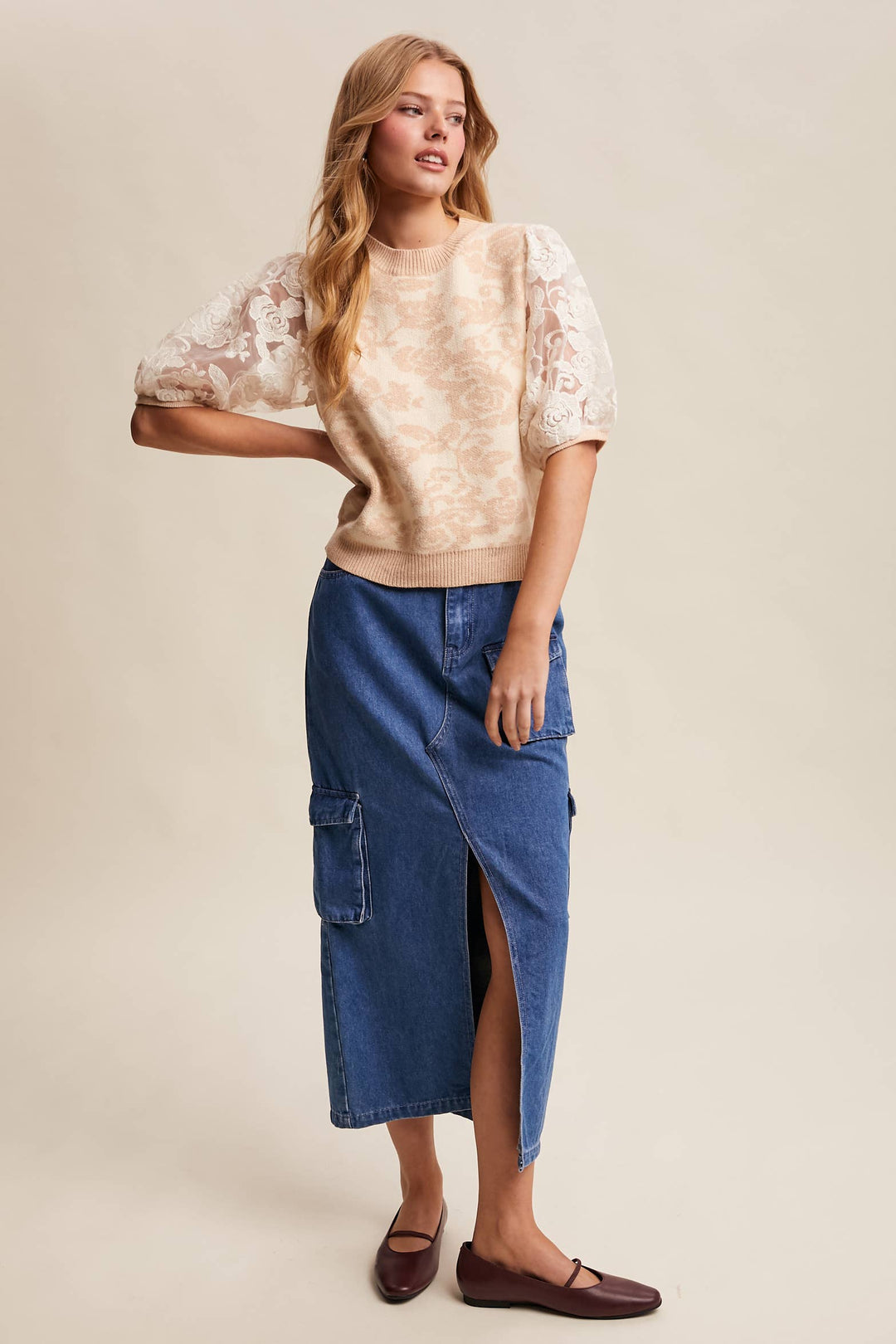 Women's Short Sleeve - Rose Embroidered Contrast Knit Top - - Cultured Cloths Apparel
