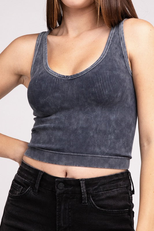 Women's Sleeveless - 2 Way Neckline Washed Ribbed Cropped Tank Top - ASH BLACK - Cultured Cloths Apparel