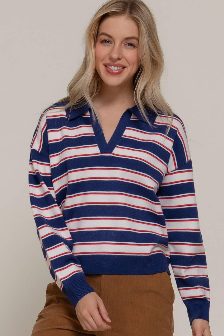 Women's Sweaters - Long Sleeve Multi Stripe Polo Sweater - NAVY/RED - Cultured Cloths Apparel