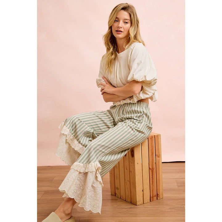 Pants - STRIPE WOVEN RUFFLED LACE HEM PANTS WITH SIDE POCKET - - Cultured Cloths Apparel