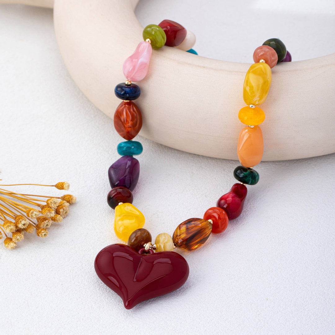 Accessories, Necklaces - Chunky Multicolor Bead Heart Pendant Necklace | 80N93690 - - Cultured Cloths Apparel