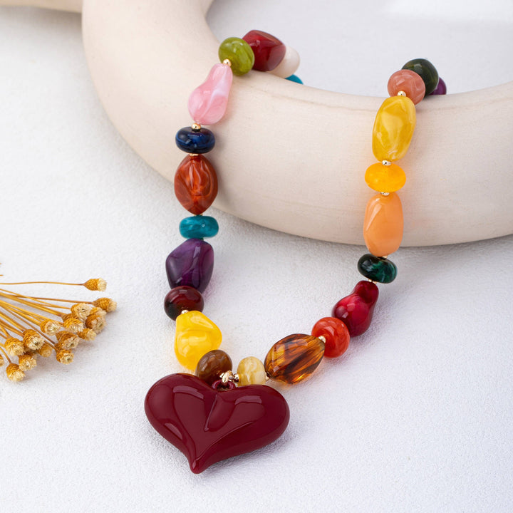 Accessories, Necklaces - Chunky Multicolor Bead Heart Pendant Necklace | 80N93690 - - Cultured Cloths Apparel