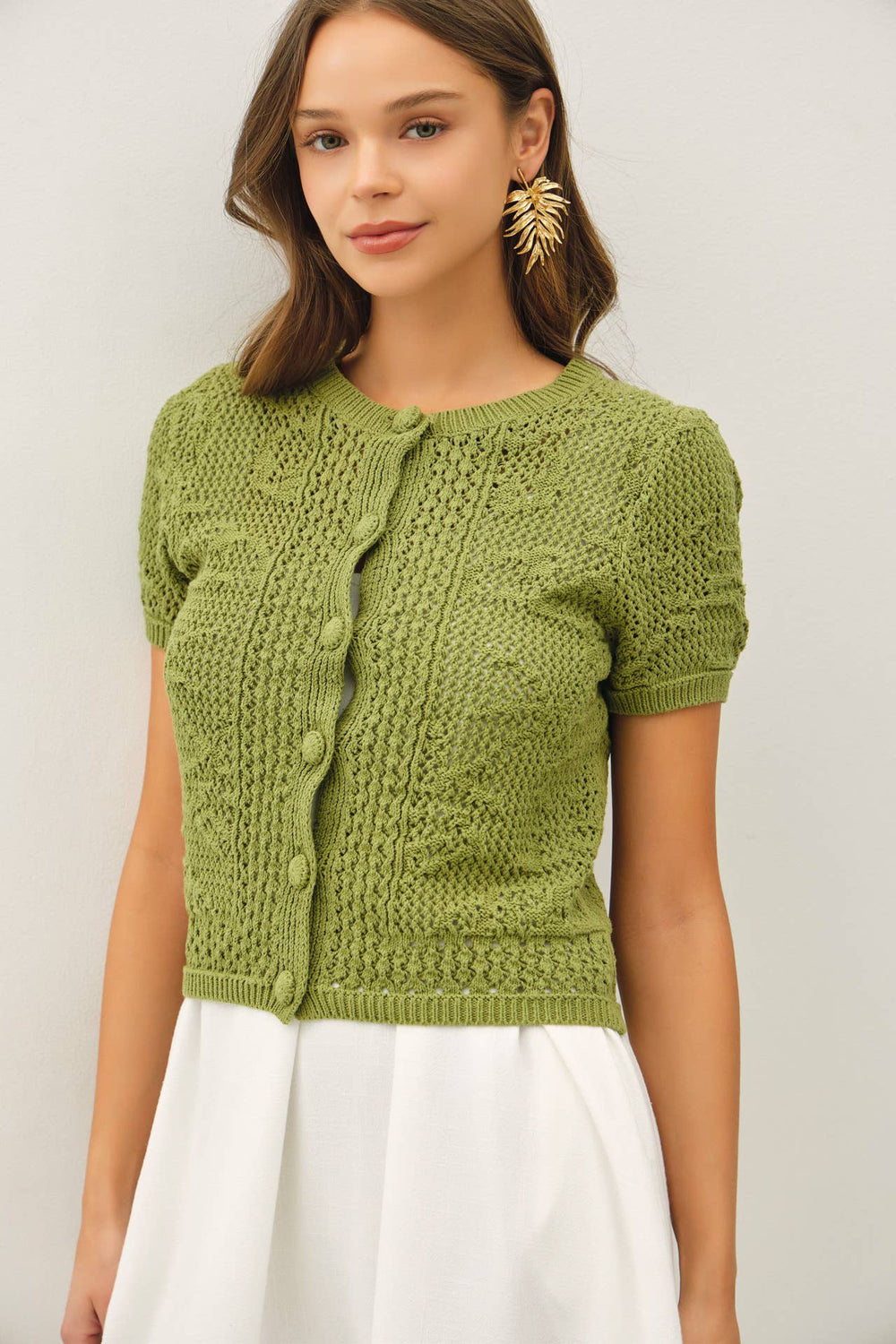 Women's Short Sleeve - PATTERNED CROCHET SHORT SLEEVE CROP CARDIGAN - PINE - Cultured Cloths Apparel