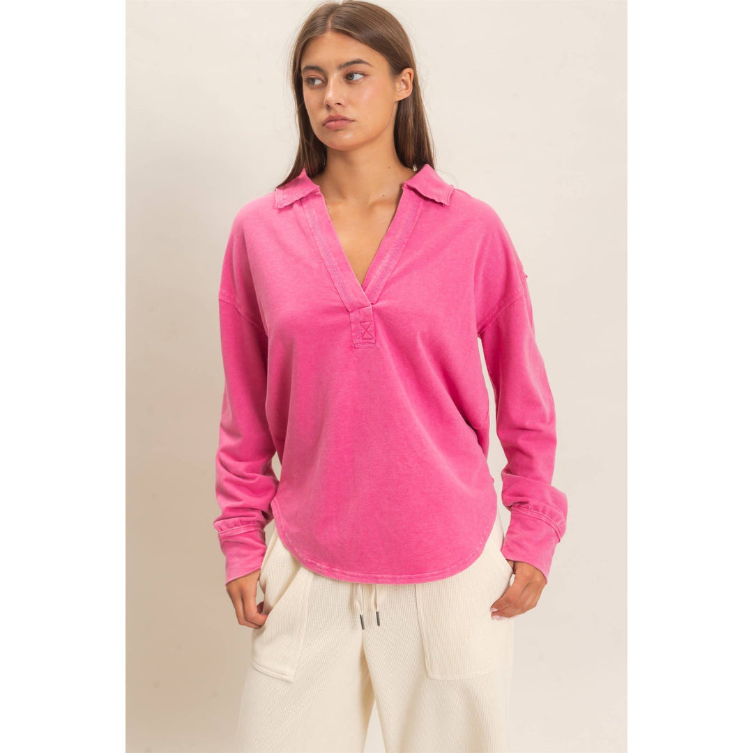 Mineral Washed Polo Collar Long Sleeve Top