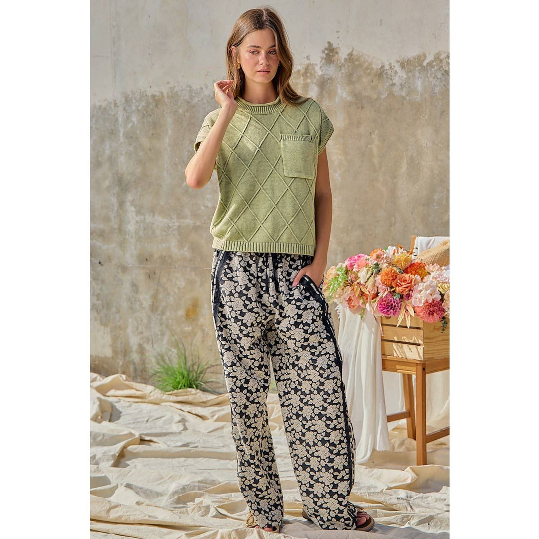 FLORAL JACQUARD SIDE LACE TRIM ELASTIC PANTS