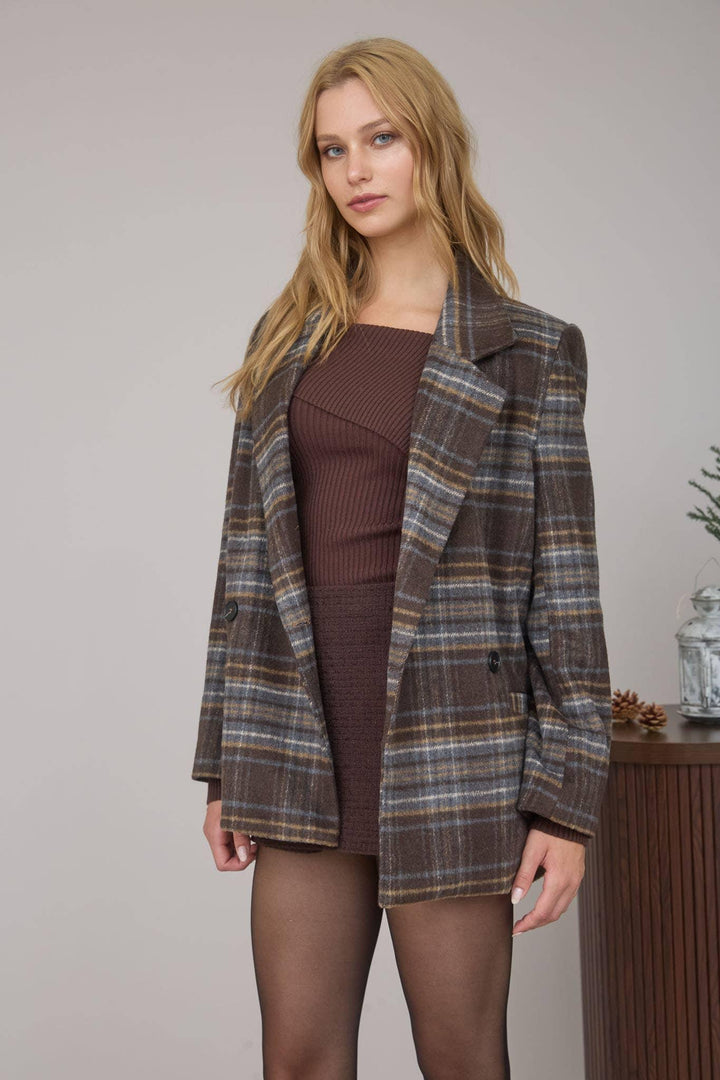Outerwear - PLAID NOTCH COLLAR BUTTON FRONT LONG LINE COAT - - Cultured Cloths Apparel