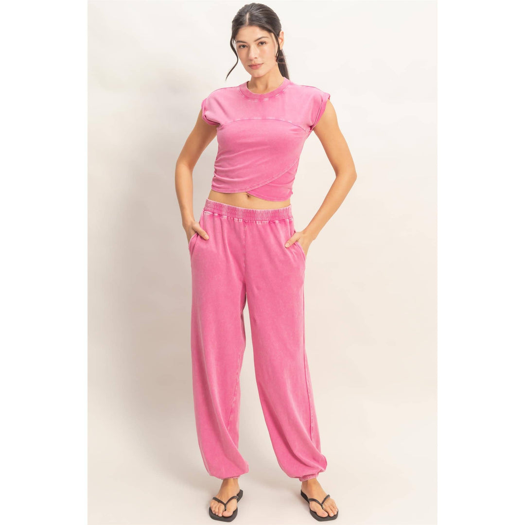 Athleisure - Rolled Sleeve Wrap-Front Crop Top And Jogger Set - - Cultured Cloths Apparel