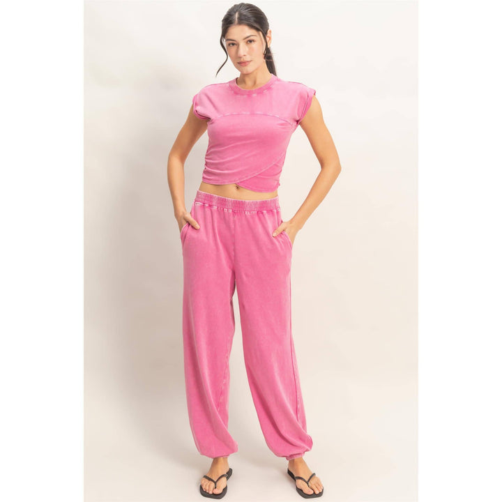 Athleisure - Rolled Sleeve Wrap-Front Crop Top And Jogger Set - - Cultured Cloths Apparel