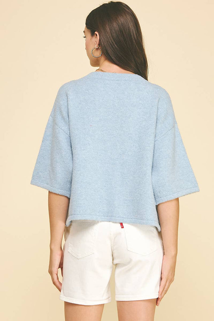 BLUE BUTTON DOWN SHORT SLEEVE SWEATER