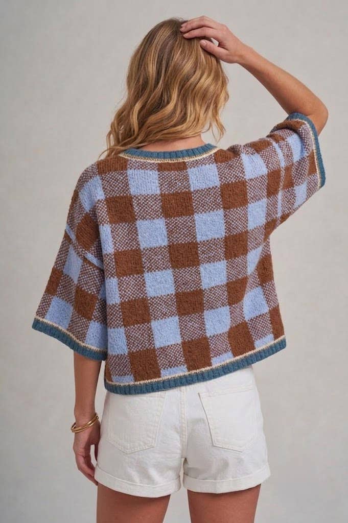 FALL CHECKERED GINGHAM DROP SHOULDER SWEATER TOP