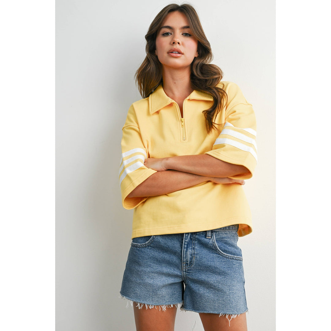 Women's Short Sleeve - Striped Sleeve Quarter-Zip Pullover - - Cultured Cloths Apparel