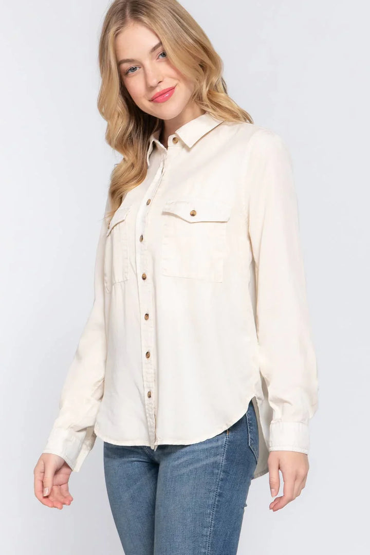 Women's Long Sleeve - Long Sleeve Color Tencel Shirt - - Cultured Cloths Apparel