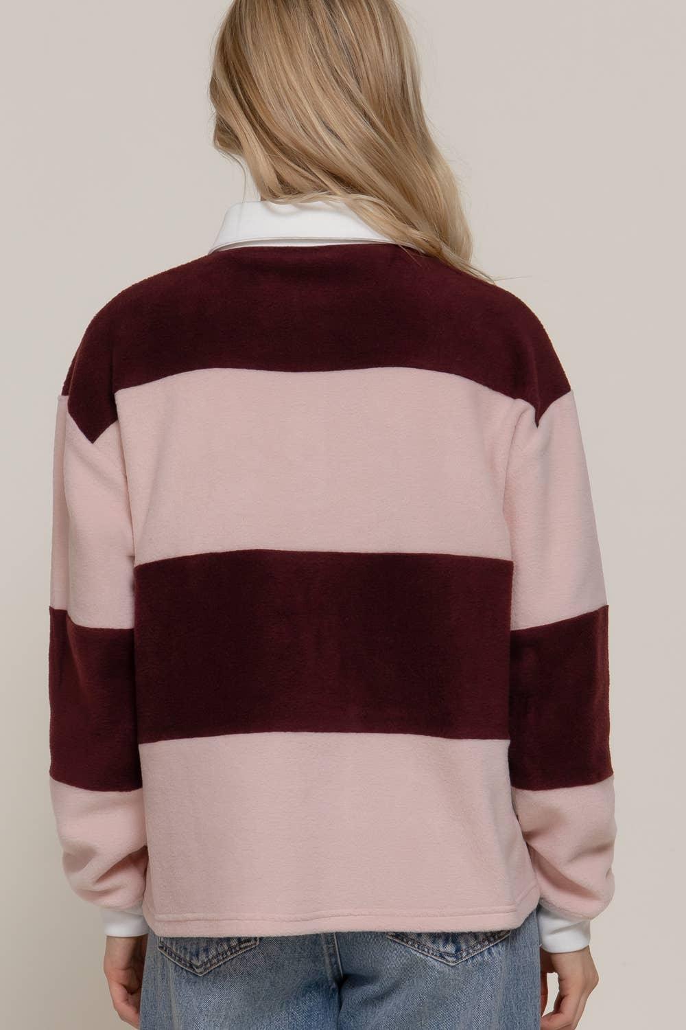 Women's Long Sleeve - Long Sleeve Rugby Stripe Fleece Polo Top - pink/burgundy - Cultured Cloths Apparel
