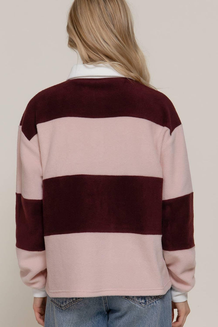 Women's Long Sleeve - Long Sleeve Rugby Stripe Fleece Polo Top - pink/burgundy - Cultured Cloths Apparel